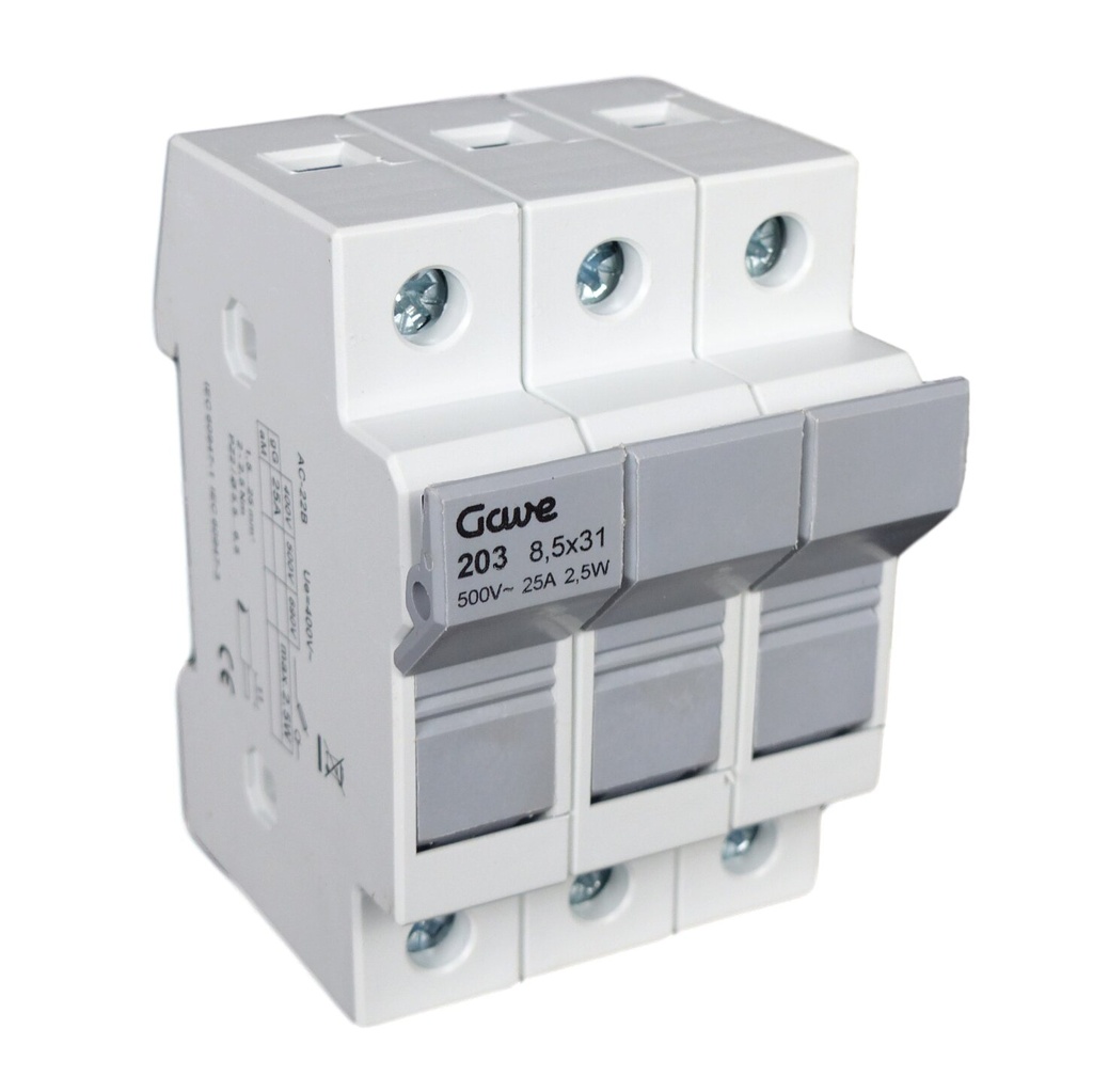 PORTAFUSIBLE GAVE 8,5X31,5 3P 20A.CARRIL DIN