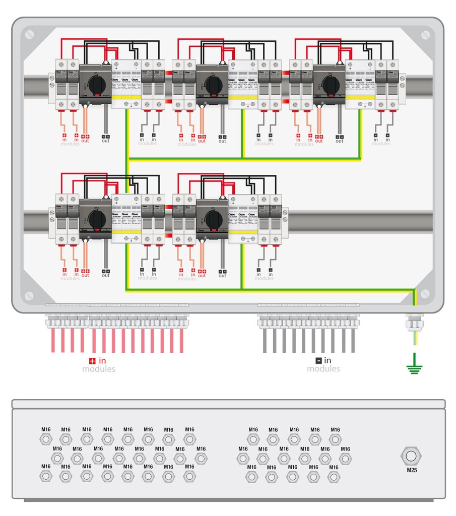 CAJA CONEXIÓN PV - 2 STRINGS x MPPT 1000V 25A FUS20A 5MPPT SALIDAS INDIVIDUALES